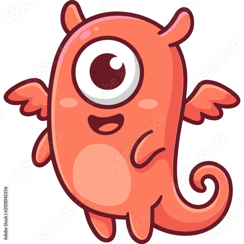 Cute cartoon one eyed orange monster sticker with wings isolated on white background