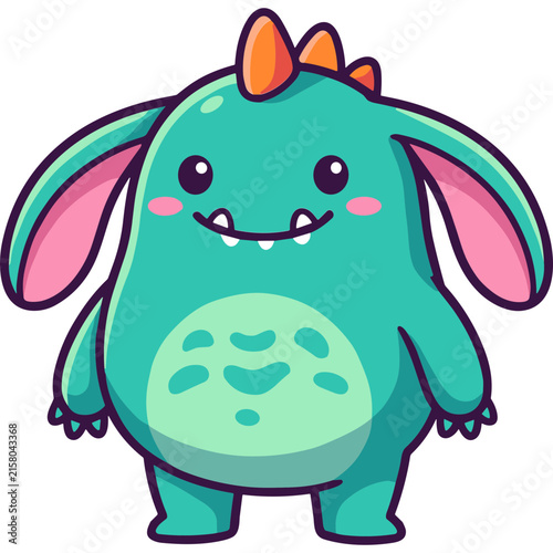 Cute Little Teal Cartoon Monster with Big Ears and Horns Vector Illustration for Kids