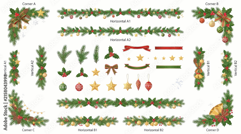 Fototapeta premium Beautiful collection of festive green garlands, sparkling golden ornaments, and elegant corner embellishments, perfect for holiday shopping campaign designs