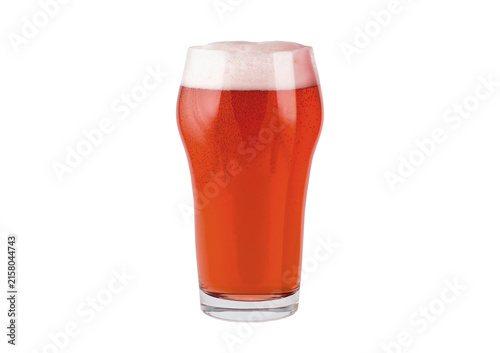 Red ale beer pint glass liquid isolated on white background.