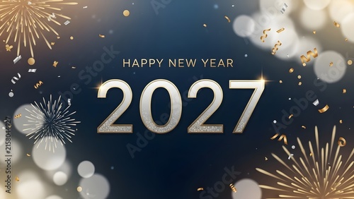 Happy New Year 2027 greeting card with golden fireworks and bokeh lights background