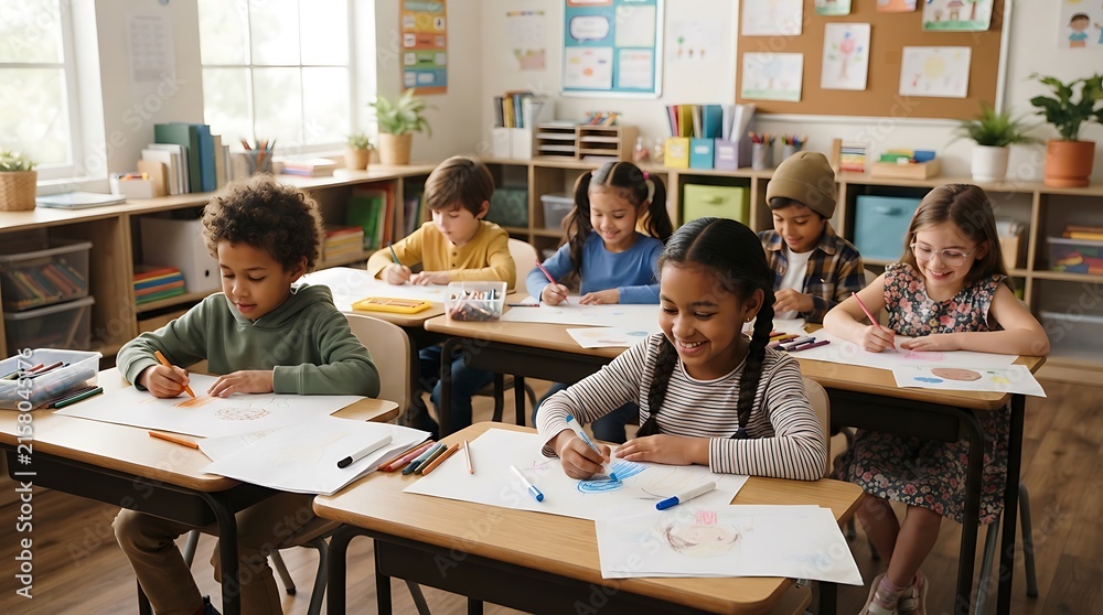 Obraz premium Children studying together in a classroom with natural light