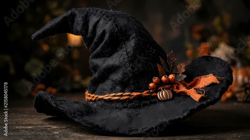 Black witch hat decorated with autumn leaves and berries on wooden table for Halloween celebration