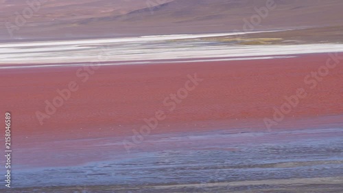 Aerial perspective of the stunning laguna colorada, a shallow salt lake in bolivia. Vibrant red waters contrast with white borax islands