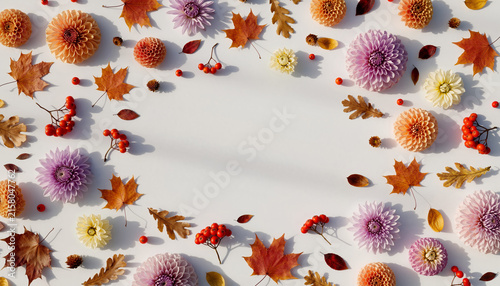 Abstract Autumn Leaves and Floral Background with Colorful Flowers, Botanical Pattern, Decorative Nature Frame, Seamless Garden Wallpaper in Yellow and Pink tones