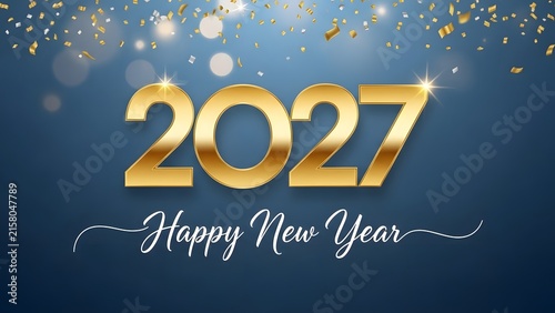 2027 Happy New Year gold text on blue background with festive confetti celebration design