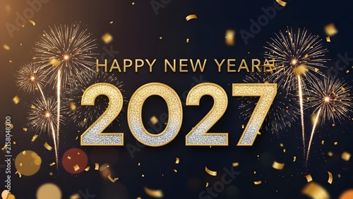 Happy New Year 2027 gold glitter text with festive fireworks and falling confetti background