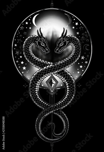 Two serpents entwine under moon and stars in black and white design
