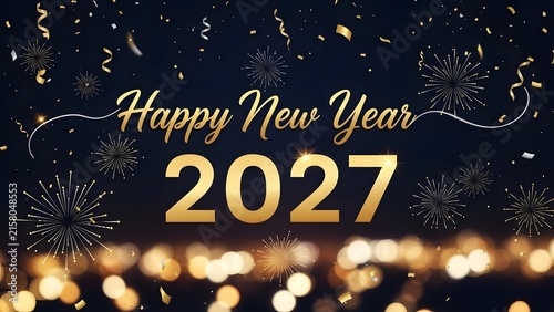 Happy New Year 2027 gold text with festive fireworks and bokeh lights on dark background