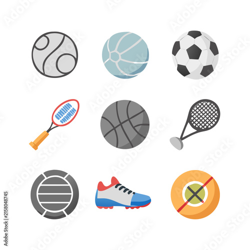 Set of nine colorful sports equipment icons including balls rackets and athletic footwear