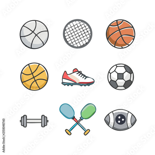 Set of nine colorful sports equipment icons including balls, racket, shoe and dumbbell.