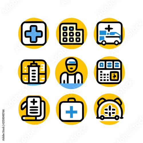 Set of 9 modern hospital and medical icons for healthcare UI design and web applications.