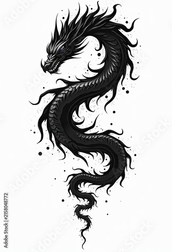 Black dragon coils gracefully with fierce expression and flowing mane