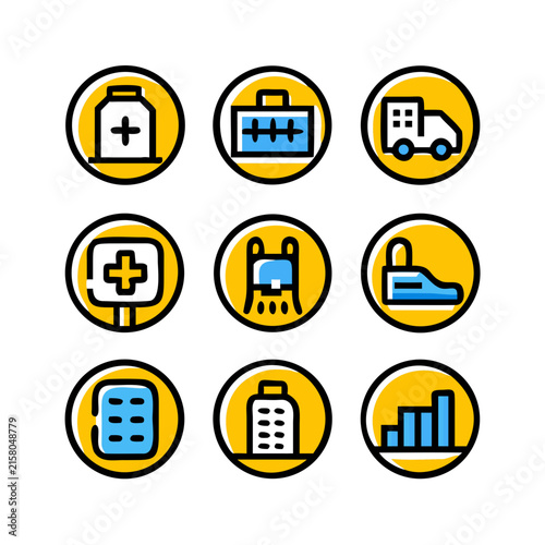 Set of 9 modern hospital and medical icons in yellow circles for healthcare web design