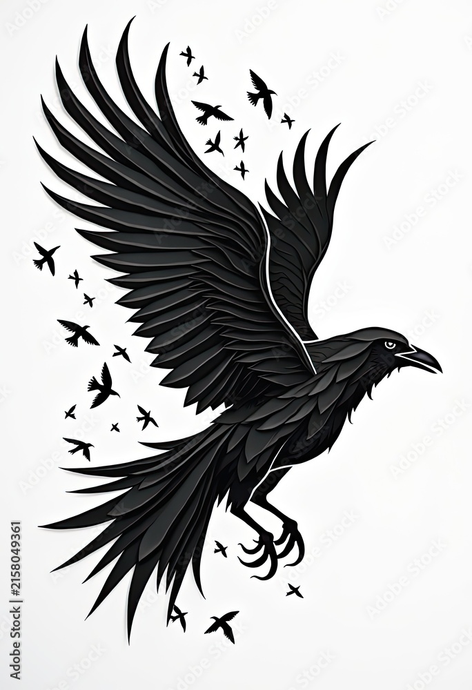 Naklejka premium Black raven spreads wings as flock flies around in dynamic motion