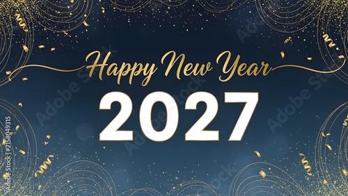 Happy New Year 2027 greeting card with gold glitter confetti on a dark blue background.