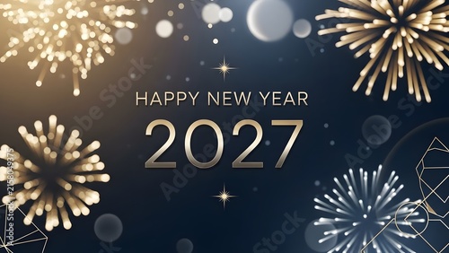 Happy New Year 2027 greeting card with golden fireworks on a dark blue background.