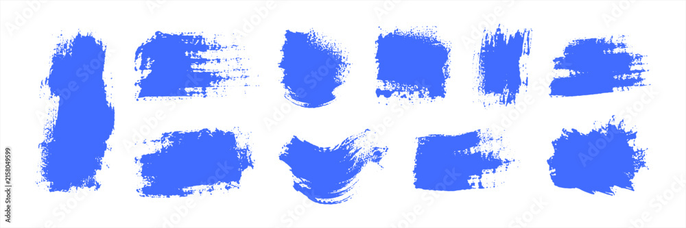 Fototapeta premium Blue dry brush stroke collection with rough painted edges, distressed texture, ink splatter, and expressive artistic marks