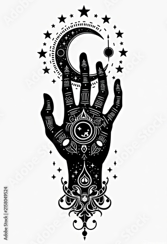 Hand holding moon and stars in mystical cosmic design