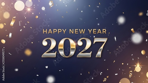 Happy New Year 2027 greeting card with gold metallic numbers and festive confetti background