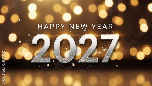 Happy New Year 2027 greeting card with silver glitter numbers and golden bokeh lights