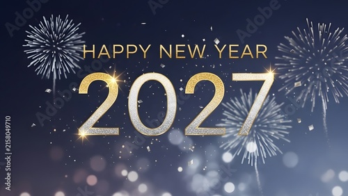 Happy New Year 2027 greeting card with golden glitter numbers and festive fireworks display.