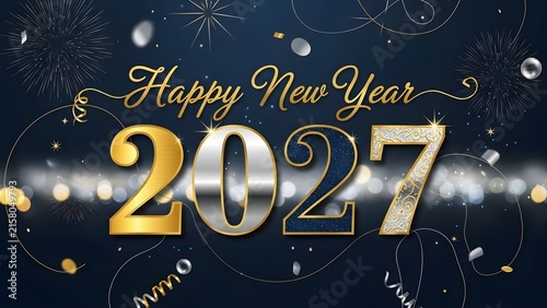 Happy New Year 2027 greeting card with gold and silver numbers on dark blue background