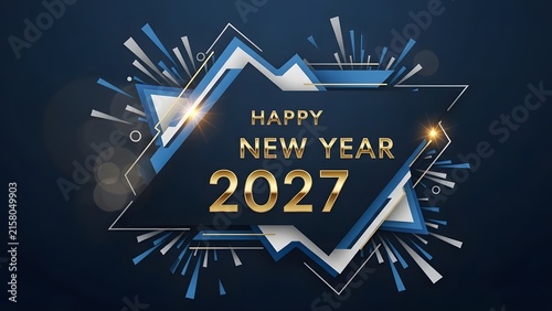Happy New Year 2027 celebration badge with sparkling fireworks and midnight countdown design
