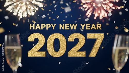 Happy New Year 2027 greeting card with gold glitter text and champagne glasses background