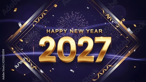 Happy New Year 2027 gold text with fireworks and confetti on a dark blue background