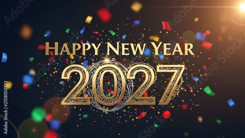 Golden 2027 Happy New Year celebration with fireworks and glittering text on dark background