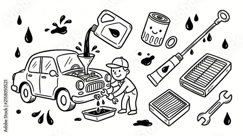 Car oil change and auto filters maintenance hand drawn illustrations set. Vintage doodle drawings of engine oil jugs, dipsticks and filters. Clean line art collection for quick lube service station.