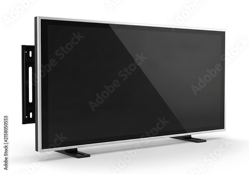 Modern flat screen television mounted on a sleek wall bracket system