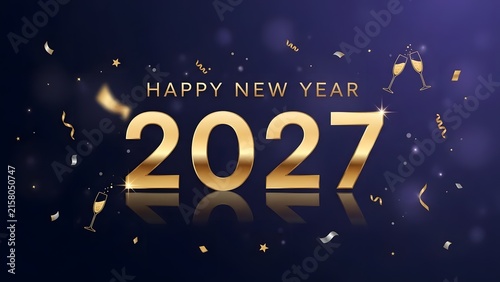 Happy New Year 2027 gold text with falling confetti on a dark purple background