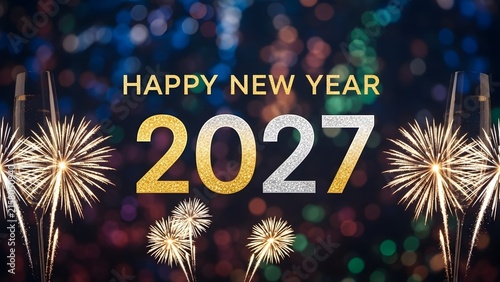 Happy New Year 2027 greeting card with golden glitter numbers and festive fireworks display