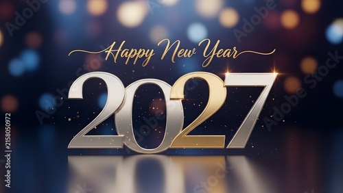 Happy New Year 2027 greeting card with elegant metallic numbers and bokeh background