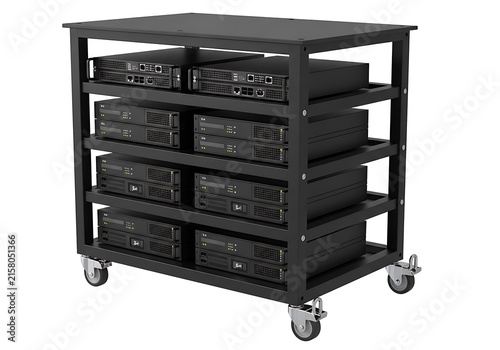 Mobile black shelving unit with wire baskets for office or storage use
