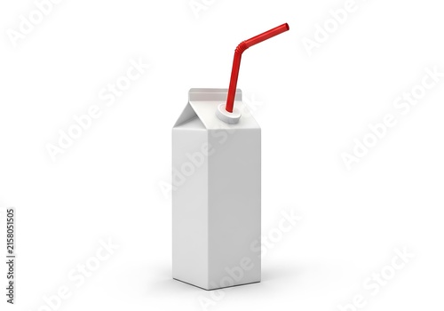 A white carton with a red straw placed upright on a plain background