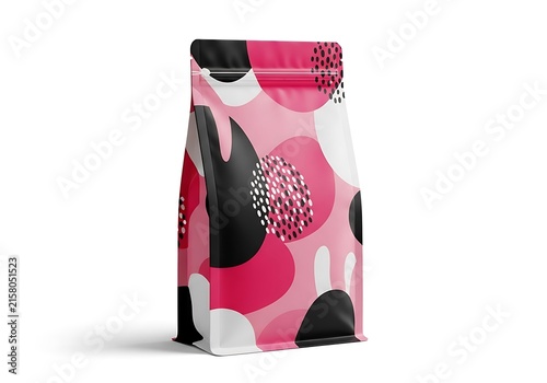Stylish pink and black patterned snack bag with bold design elements