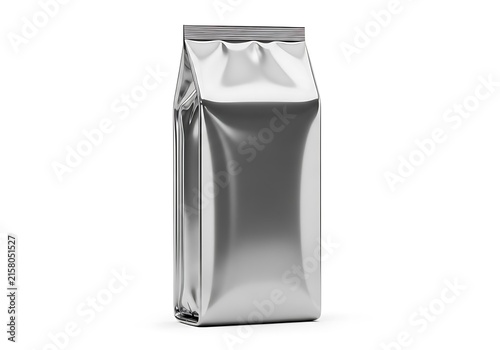 Shiny foil pouch standing upright against a plain background