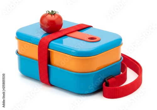 Colorful lunchbox with fresh tomato decoration and red strap for meal prep.