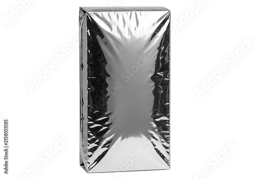 Shiny metallic foil wrapped rectangular gift box standing upright.