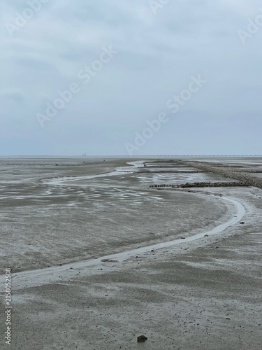 An der Nordseeküste in Büsum ist an diesem Vormittag Ebbe. Das Wasser ist abgelaufen, und es ist ein sich windender Priel im Watt sichtbar. Daneben ist eine Buhne zum Küstenschutz.