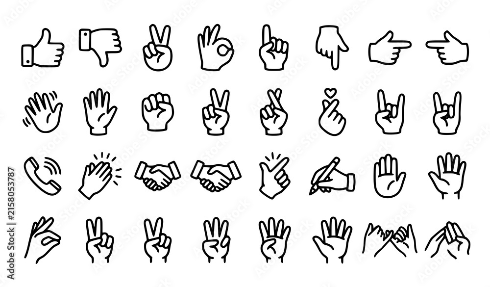 Fototapeta premium Hand Gestures Doodle Icons Set with Cartoon Finger Signs Communication Symbols and High Quality Editable Outline Vector Collection