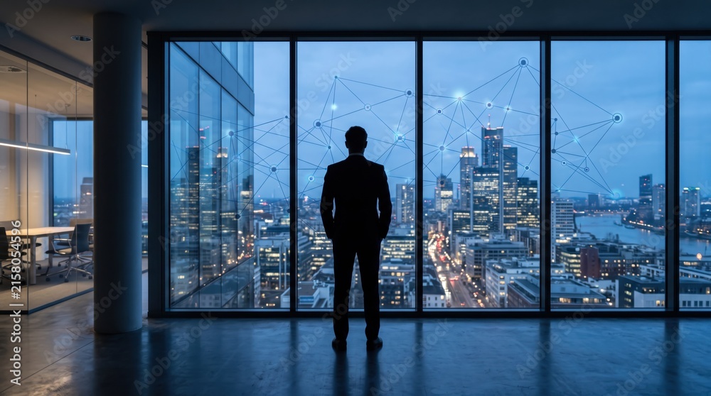 Fototapeta premium Businessman looking at city skyline with digital network overlay, technology and connectivity concept
