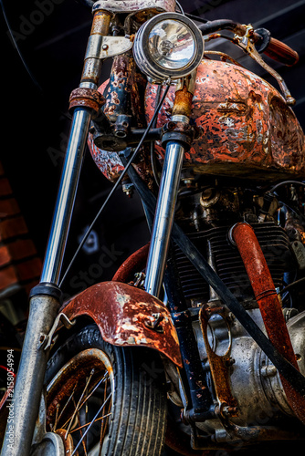 Konstfotografi Detailed close up of an antique rusty motorcycle featuring corroded fuel tank, c