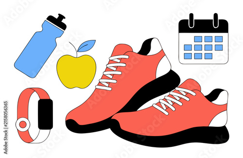 Fitness Icons Set with Sneakers, Water Bottle, Apple, and Calendar. Healthy Lifestyle Concept Illustration for Workout Planning.