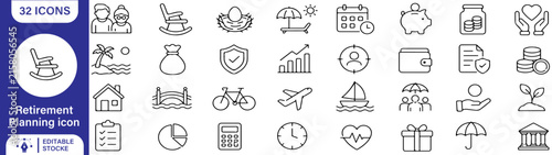 Obraz na plátne 32 Retirement Planning Vector Outline Icons Set – Pension, Savings, Investment,