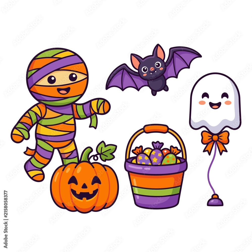 Obraz premium Cute Halloween Characters Collection: Mummy, Ghost, Bat, and Candy Bucket_vector illustration set for holiday designs, party invitations, and treating bags isolated on White Background Halloween