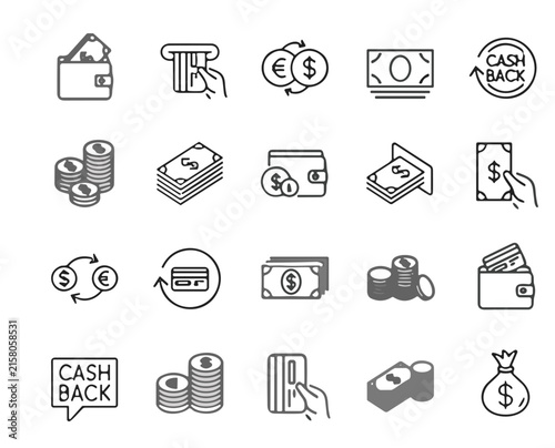 Set of line vector icons featuring money, banking, payment methods, currency exchange, wallet, cashback, cash withdrawal, and financial transaction concept symbols illustration